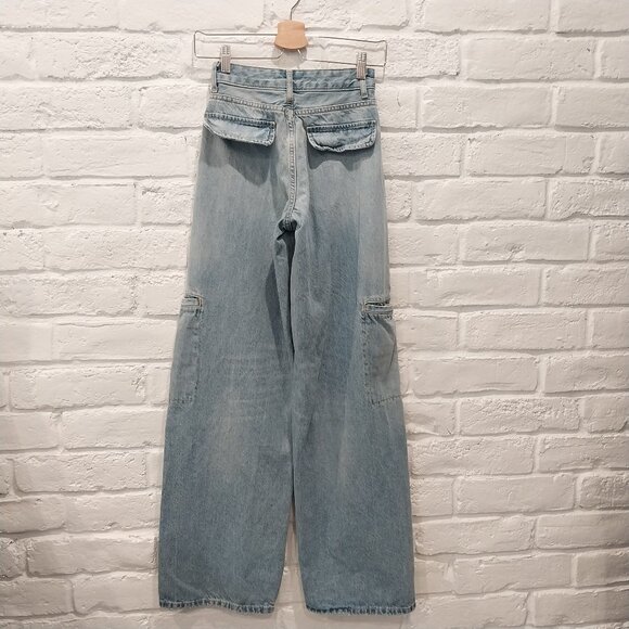 ZARA Jeans 00 Blue Faded Whiskers Wide Leg Tall High Waist 23 Cargo Teen - Picture 2 of 11
